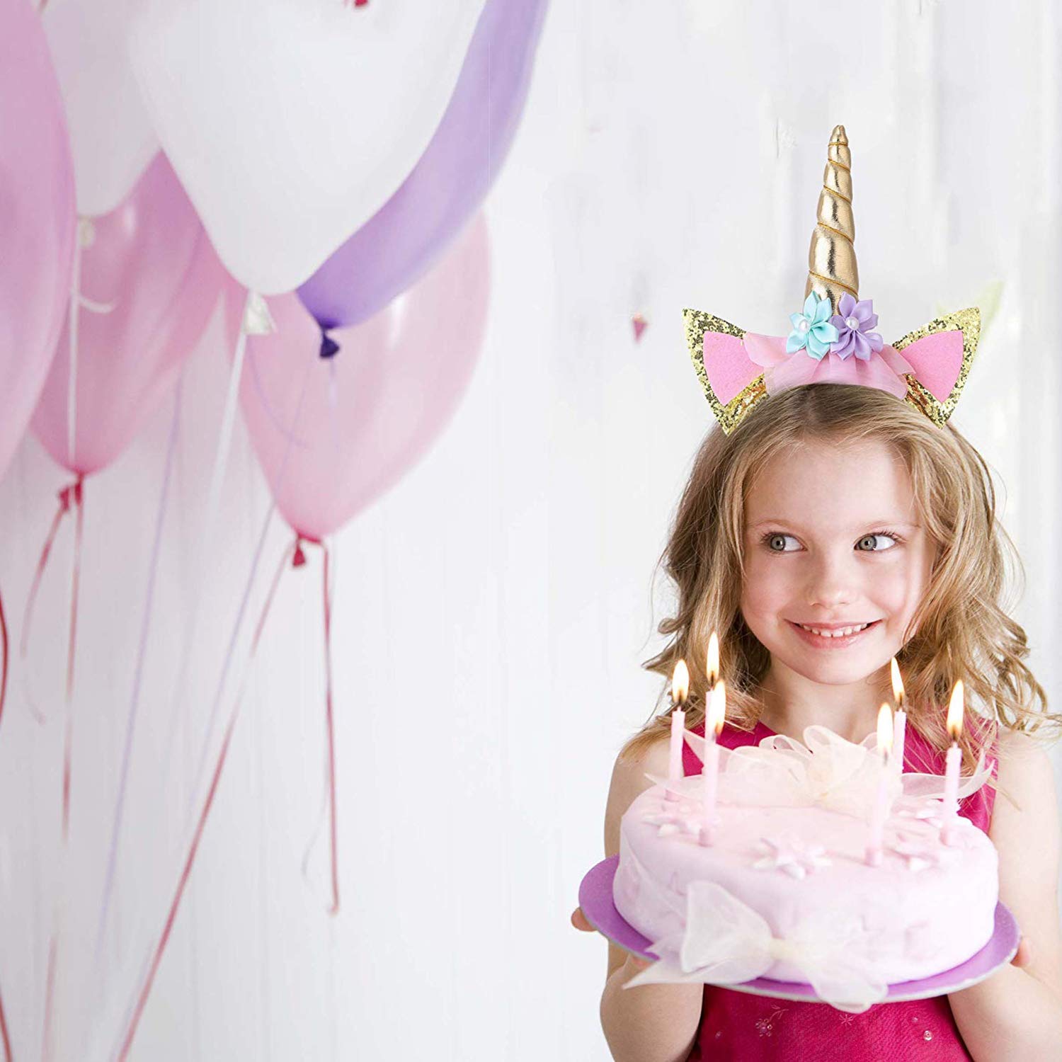 PATPAT Unicorn Party Birthday Girls Set with Gold Glitter Horn Headband and Pink Sash