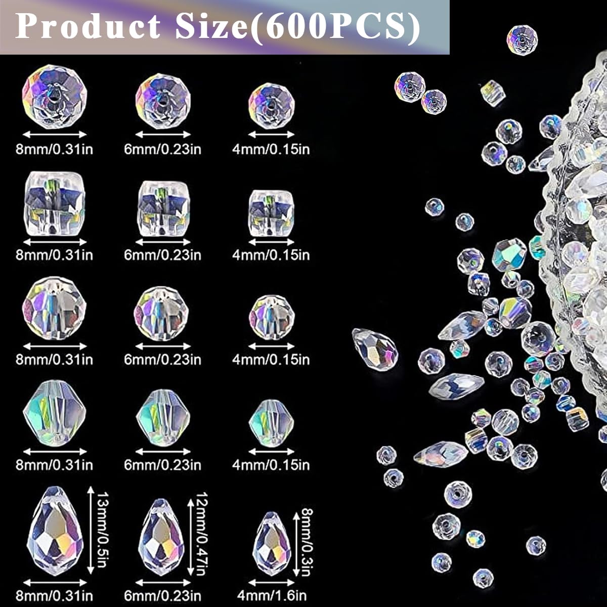 SANNIDHI Glass Crystal Beads for Jewellery Making featuring 600 pcs in 5 shapes | Clear AB Set for DIY Crafts