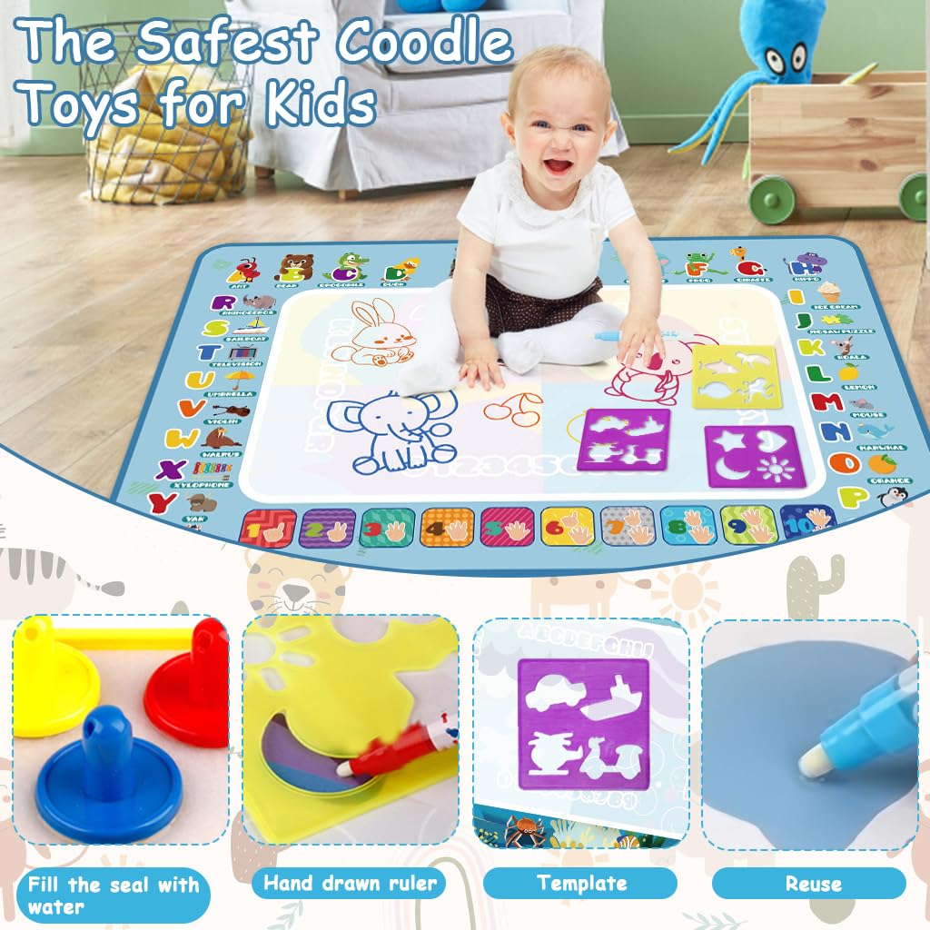 PATPAT Magic Water Doodle Mat for Kids 80x60cm with Water Pens and Roller Stamps | Reusable Mess-Free Drawing Toy