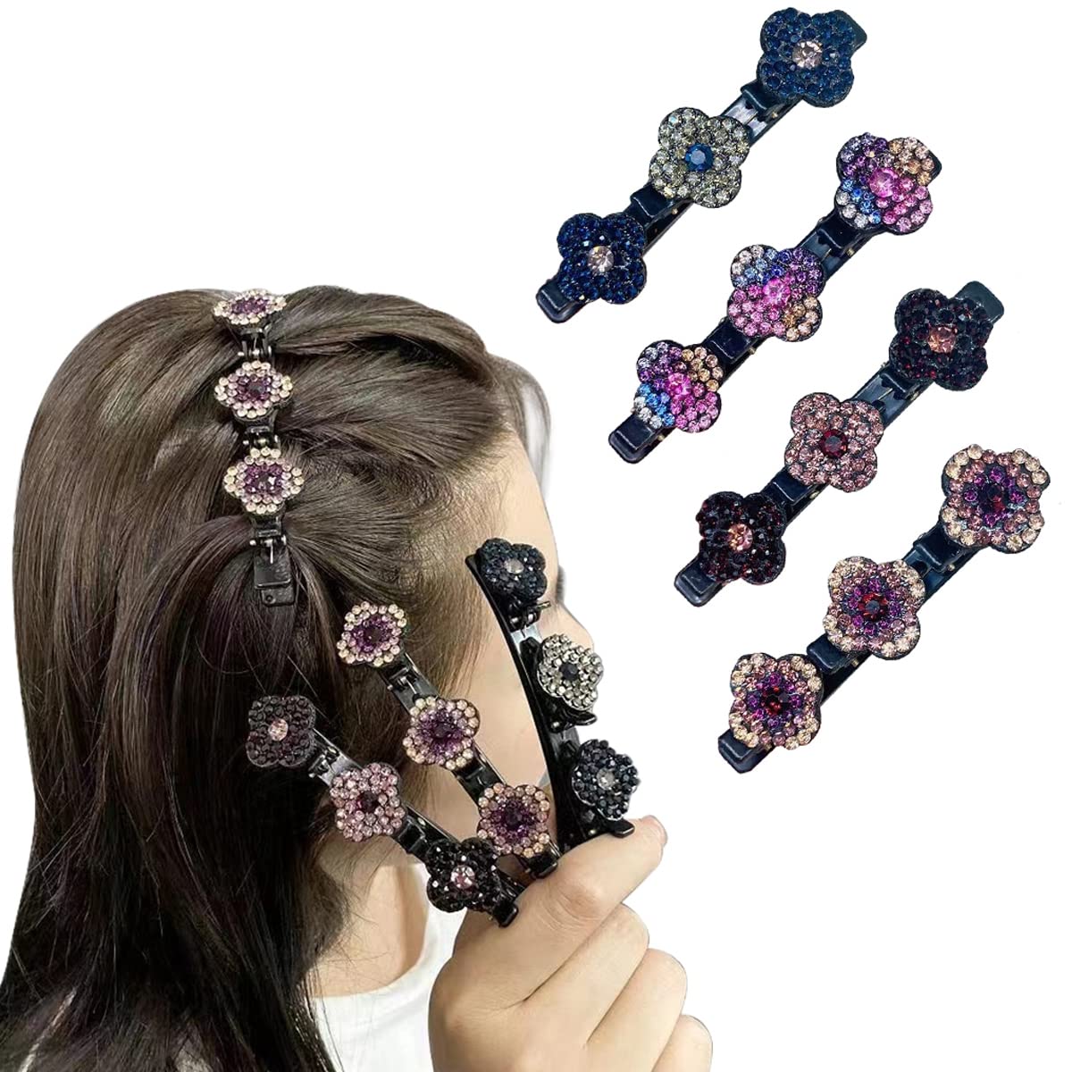 PALAY® 4 Pcs Hair Braid Accessories Hair Sectioning Clamps Sparkling Crystal Stone Hairpins Braided Hair Clips for Women Girls Fashion Hairdressing Styling Tools