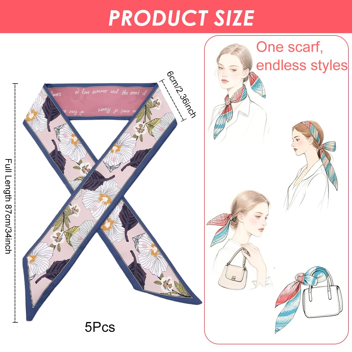 PALAY Hair Scarf Set for Women featuring Assorted Floral Prints 5pcs 34x2.7 in Silk | Neck & Headband Styling