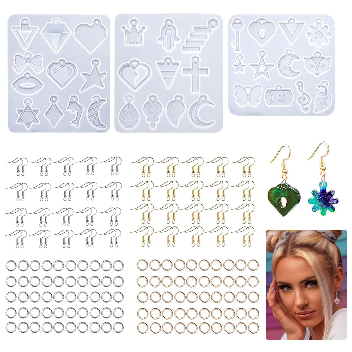 HASTHIP® Resin Jewelry Molds, Variety Shapes Jewelry Casting Molds with Hole, Silicone Resin Earring Mold for Epoxy Resin Molds for Earrings Pendant Keychain Jewelry Making DIY Craft Supplies