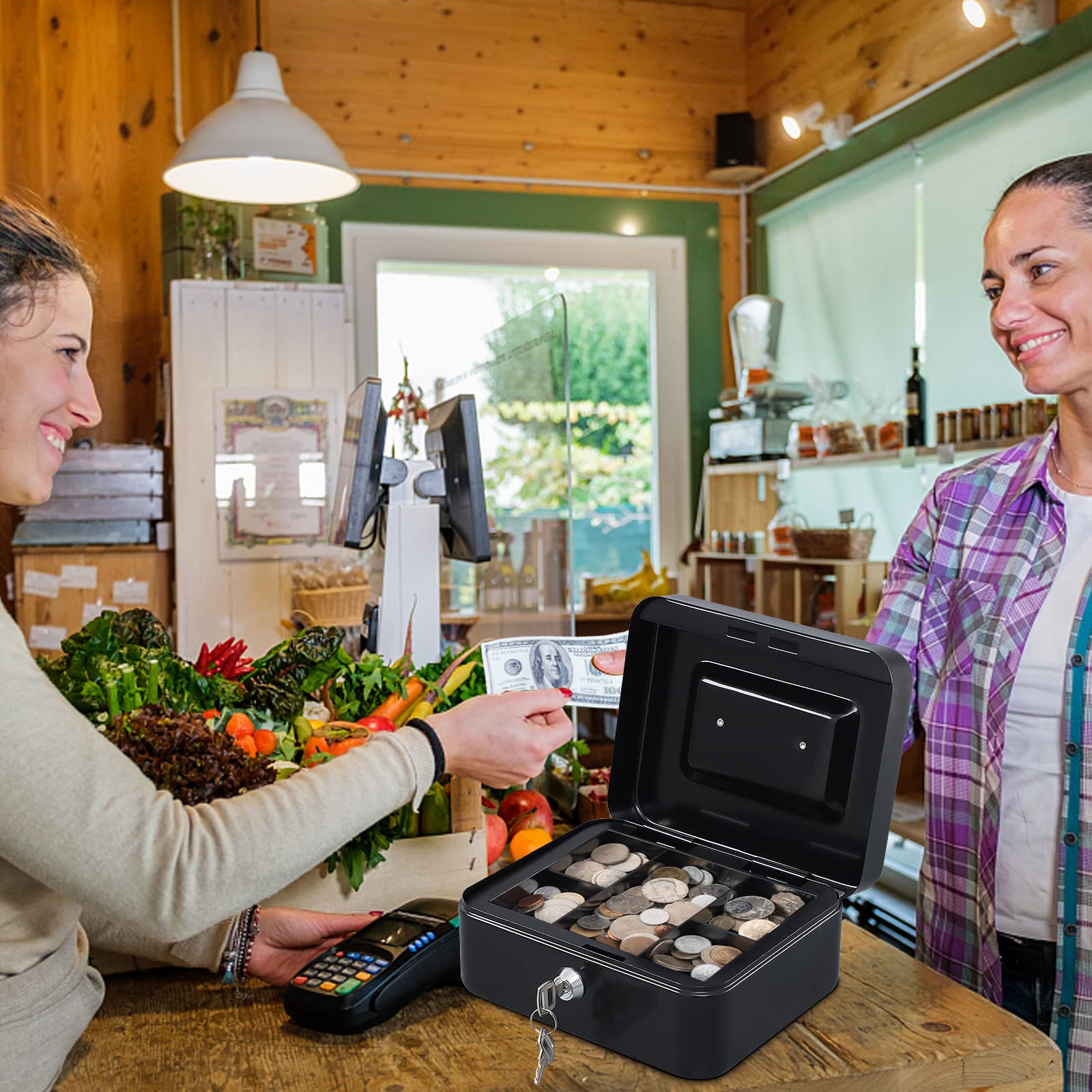 ZIBUYU Cash Box for Money Storage with 6 Compartments and Lock 4.92 x 3.74 x 2.36 in Black