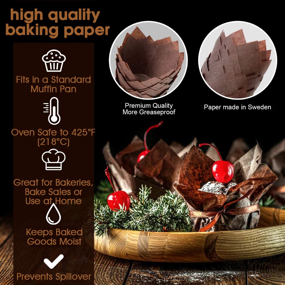 Supvox Cupcake Liners for Baking Weddings and Parties featuring 200pcs 5cm Tulip Paper Cups Brown and Beige