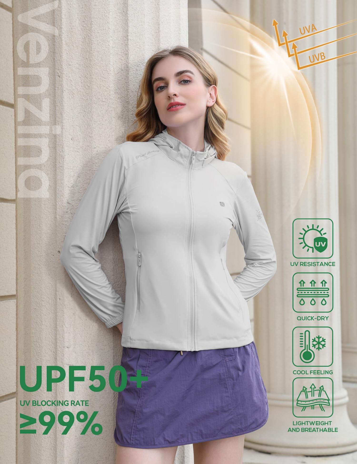Venzina Sun Jacket for Women with UPF 50+ Protection and Removable Hat | Quick-Dry Nylon for Hiking and Driving