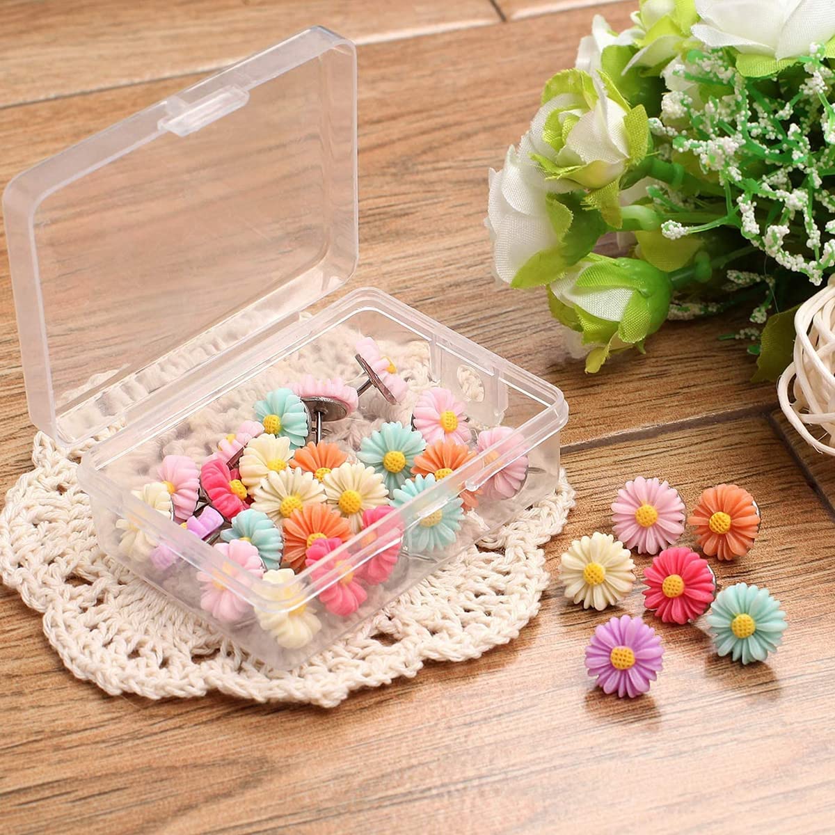HASTHIP Flower Thumb Tacks for Bulletin and Cork Boards featuring 30 pcs Resin Daisy Pins