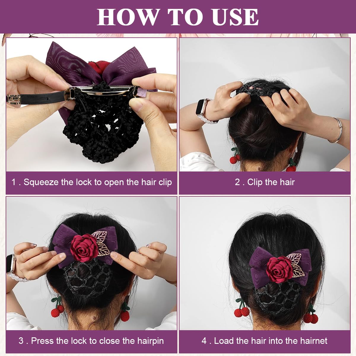 MAYCREATE Hair Bun Net for Women with Floral Rose Bowknot Clip | 2 PCS Mesh Snood Accessory