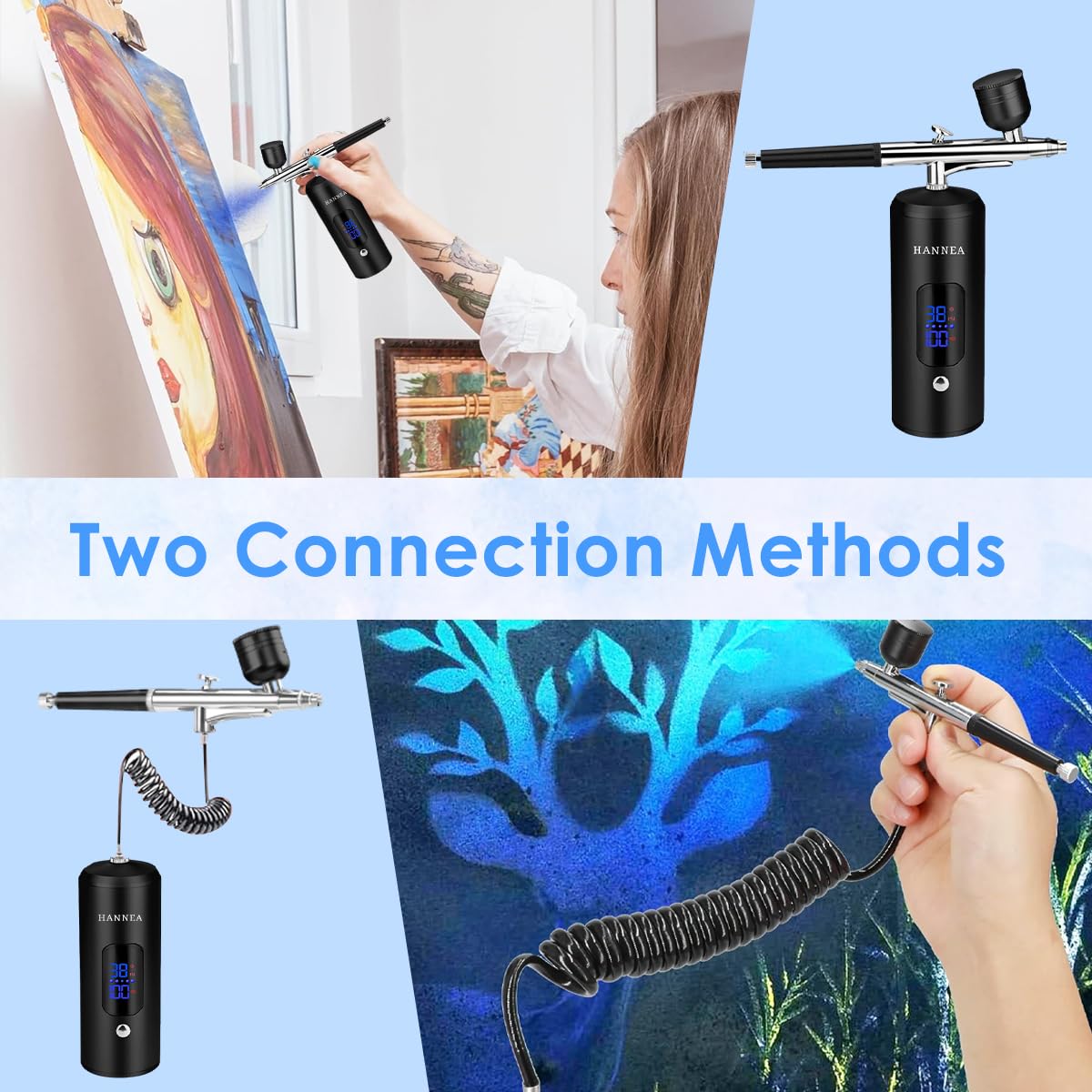 HANNEA Airbrush Kit for Painting and Makeup with 0.3mm Nozzle and 3 Pressure Levels | Rechargeable LCD Spray Gun