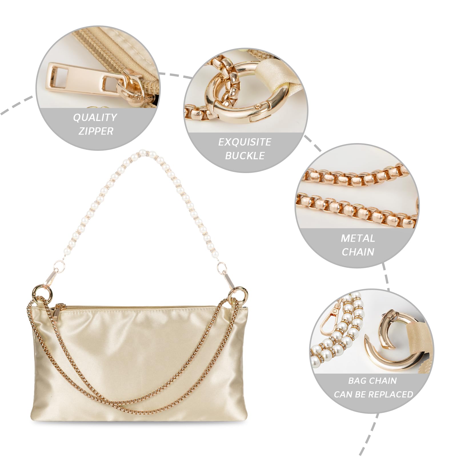 PALAY Women Satin Evening Handbag for Formal Events with 27.5x15cm Size and Removable Chain Strap