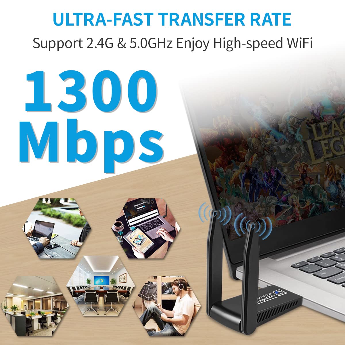 Verilux USB WiFi Adapter for PC with Dual Band 1300Mbps Speed and 5dBi Antennas | USB 3.0 Plug and Play