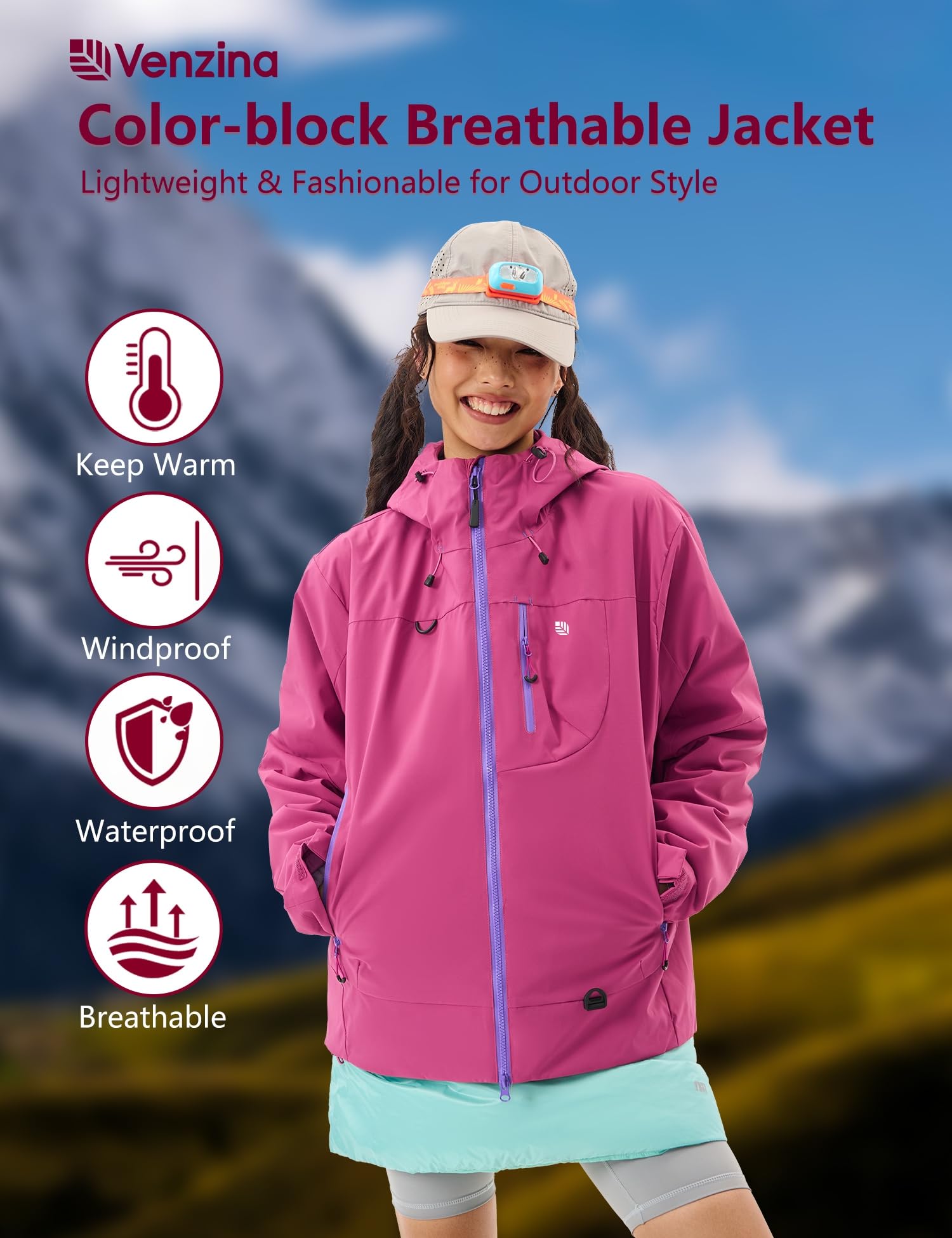 Venzina Women’s Waterproof Jacket for Daily Commute and Travel featuring Color Block Design | Breathable Windproof Fit in Purple