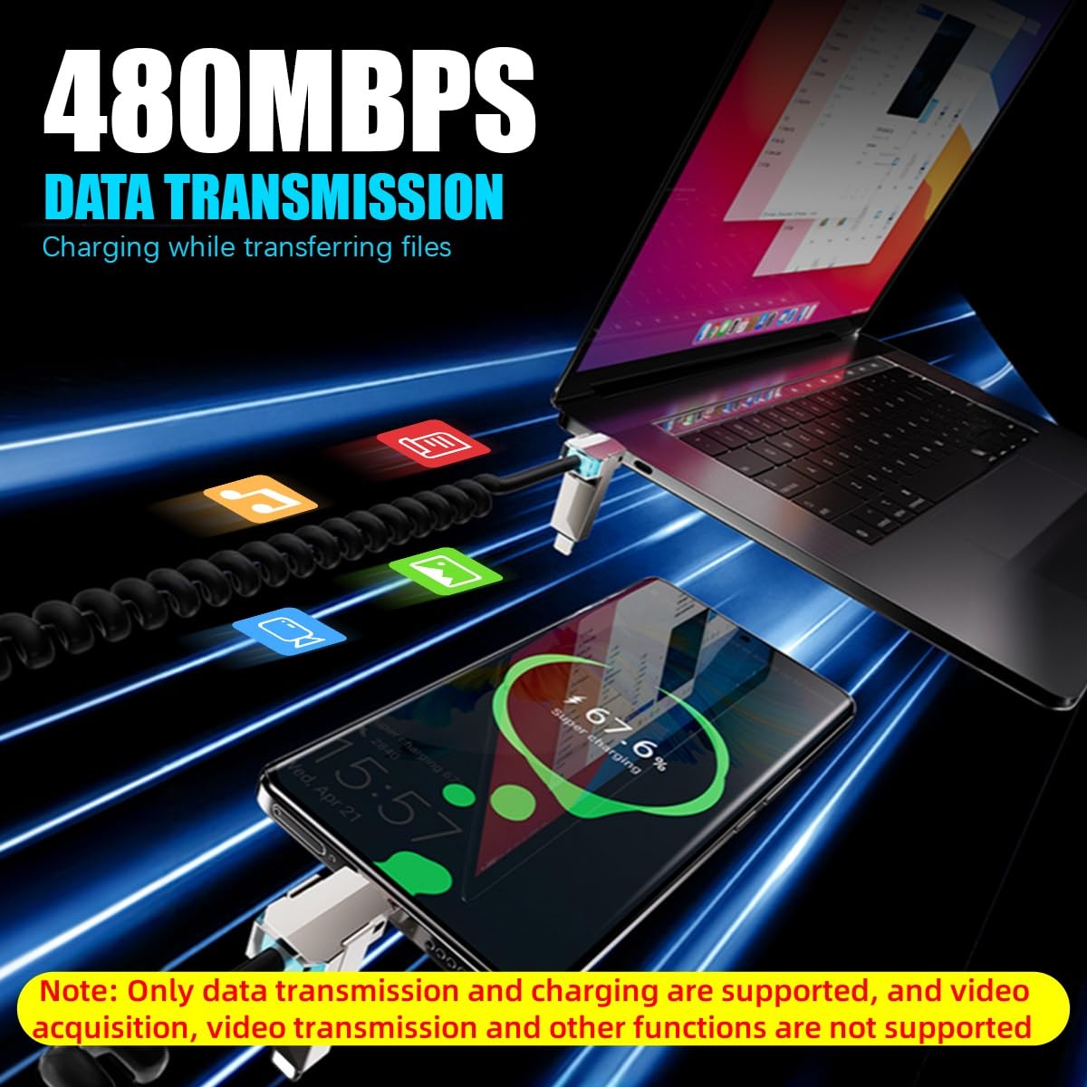 Verilux 4 in 1 C Type Charger Cable 6.6ft for Travel and Office with Spring Coiled Design & RGB Indicator | PD 240W Fast Charging and 480Mbps Data Transfer