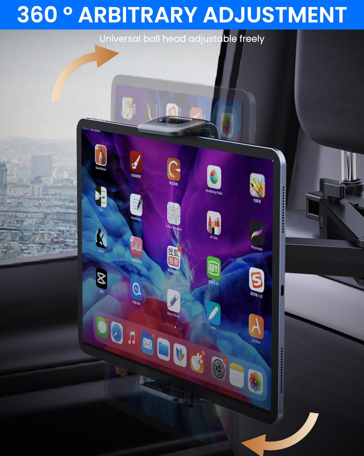 STHIRA 360 Rotatable Phone Tab Holder for Car Back Seat with Retractable Arm | 4–12.9 in Devices