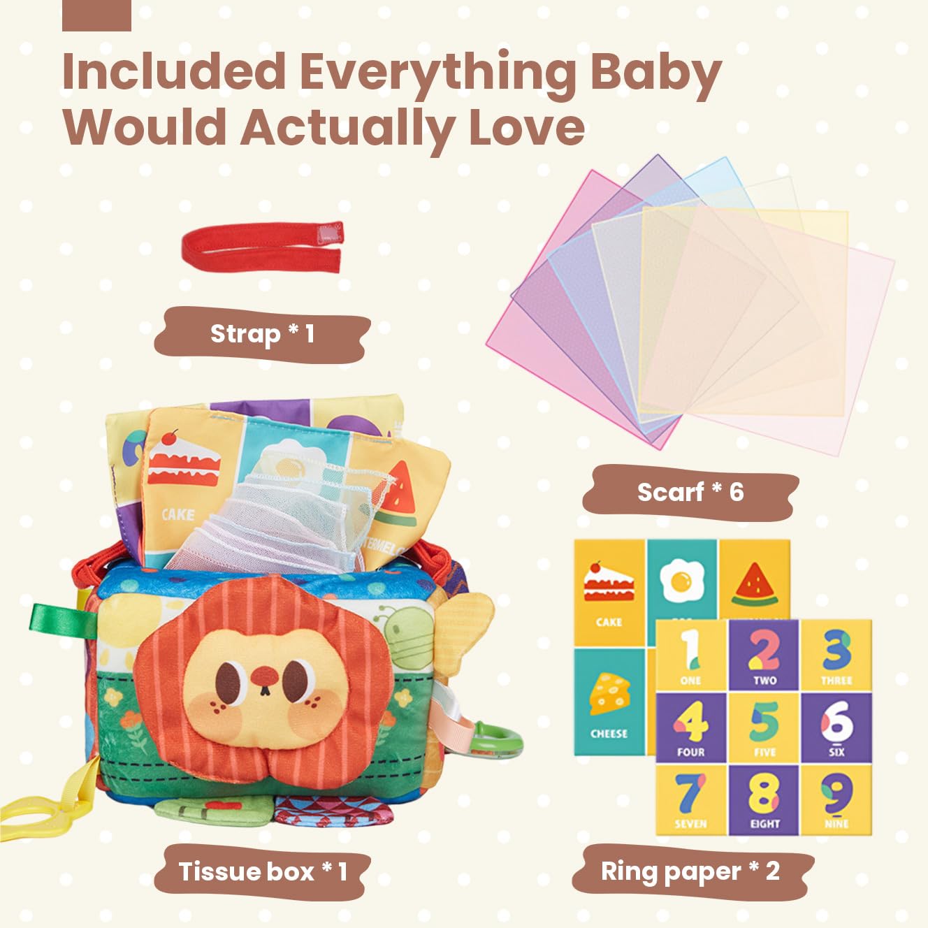 SNOWIE SOFT Soft Tissue Box Baby Toy with 6 Crinkle Tissues and Mirror | Montessori Sensory Play