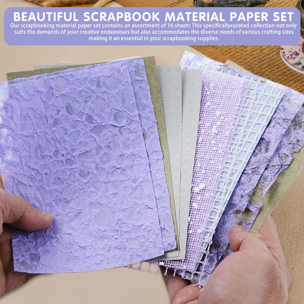 HASTHIP Scrapbook Paper Set for Journaling and Card Making featuring 16pcs 10x14cm Textured Sheets | Assorted Beige White and Purple Designs