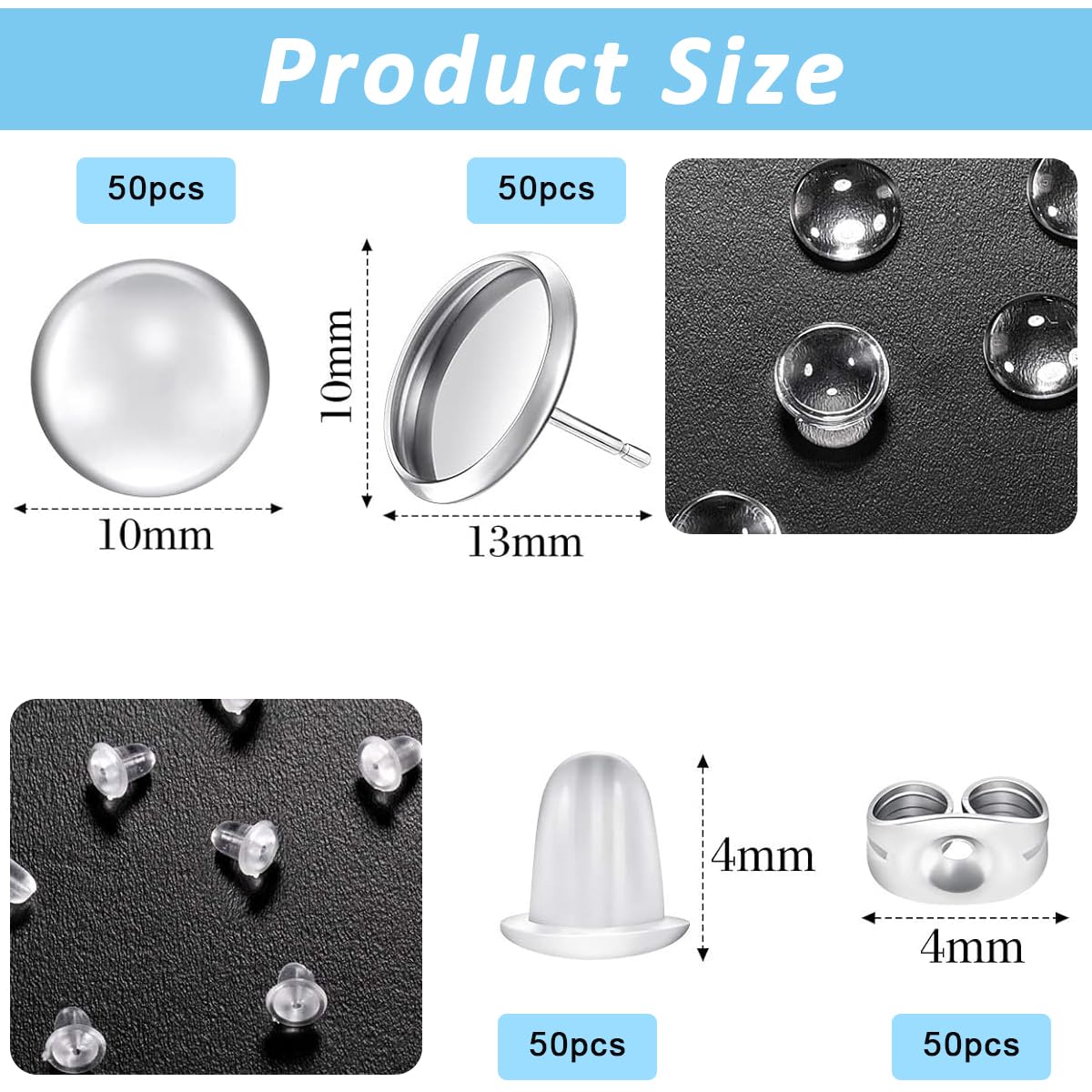 MAYCREATE DIY Ear Stud Kit with 200 Pieces Stainless Steel Bases and 2 Stopper Designs | Transparent Hemispherical Patches for Custom Earrings