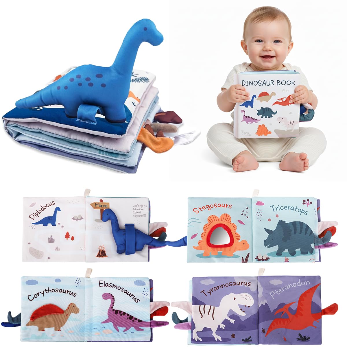 SNOWIE SOFT 3D Dinosaur Cloth Book for Babies 0 to 3 Years with Crinkle Sounds & Mirror | Washable Sensory Toy