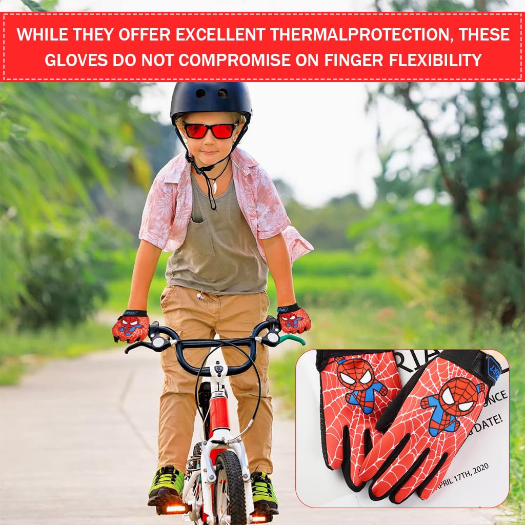PROBEROS Kids Riding Gloves for Cycling with Anti Slip Palm and Adjustable Wrist | Red Cartoon Print Cotton for Ages 2 to 5