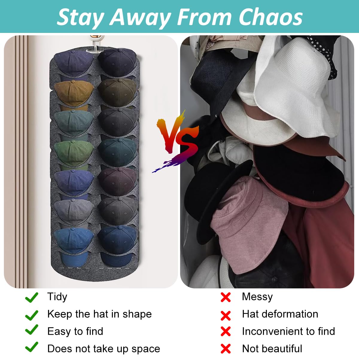 HASTHIP Nylon Hat Organizer for Baseball Caps with 14 Pockets featuring Easy‑Grab Layout | Grey Over Door Storage for Closet and Bedroom