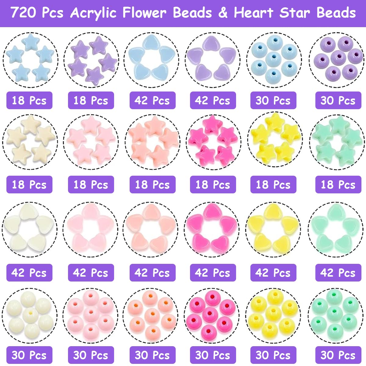 SANNIDHI 720pcs Beads for Jewellery Making, Acrylic Candy Color Beads Set for Girls, Cute Star Heart Round Pastel Beads for Jewelry Necklace Friendship Bracelet Making DIY Crafts