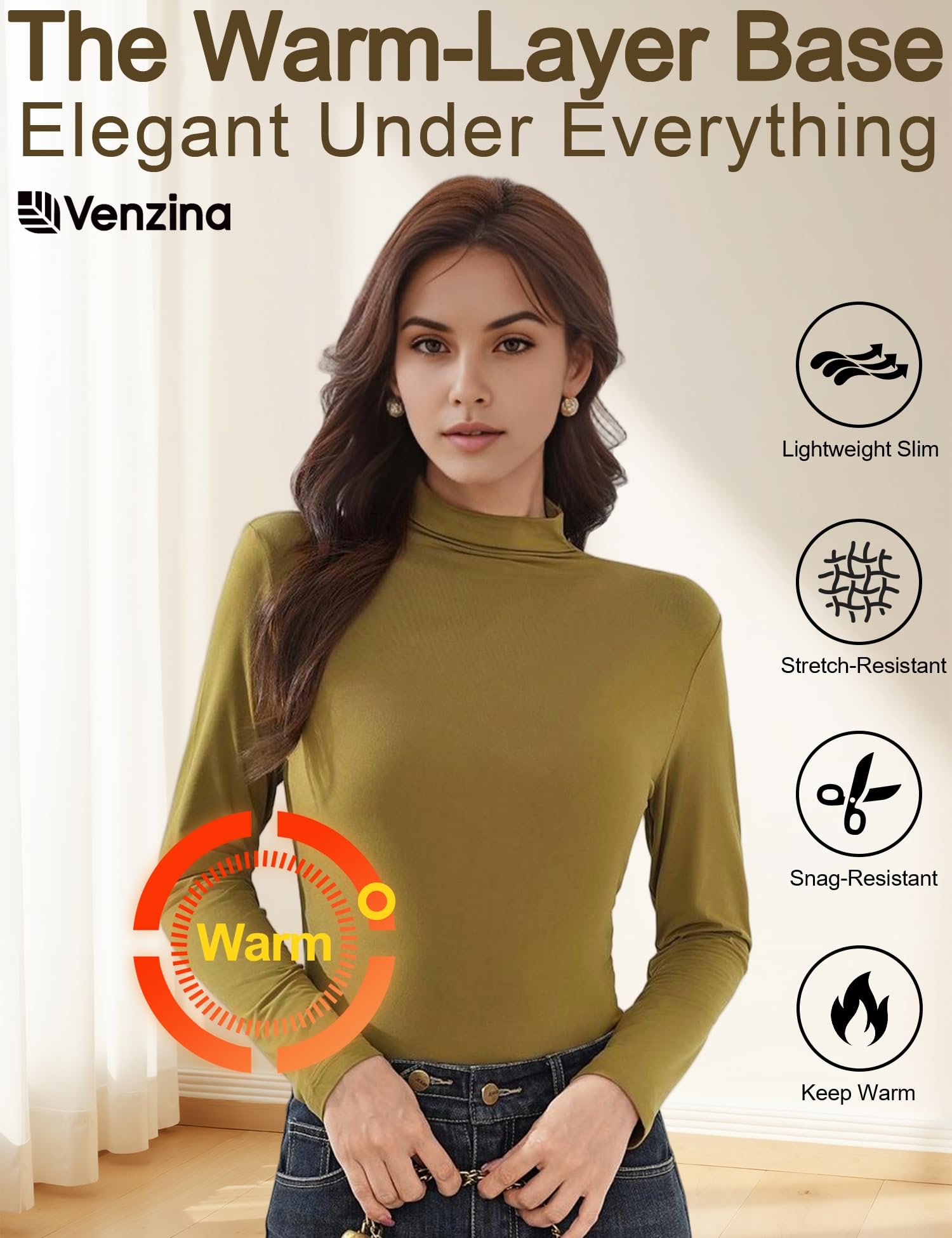 Venzina Women Mock Neck Long Sleeve Top with Soft Stretch Fabric in Mustard Yellow | Slim Fit