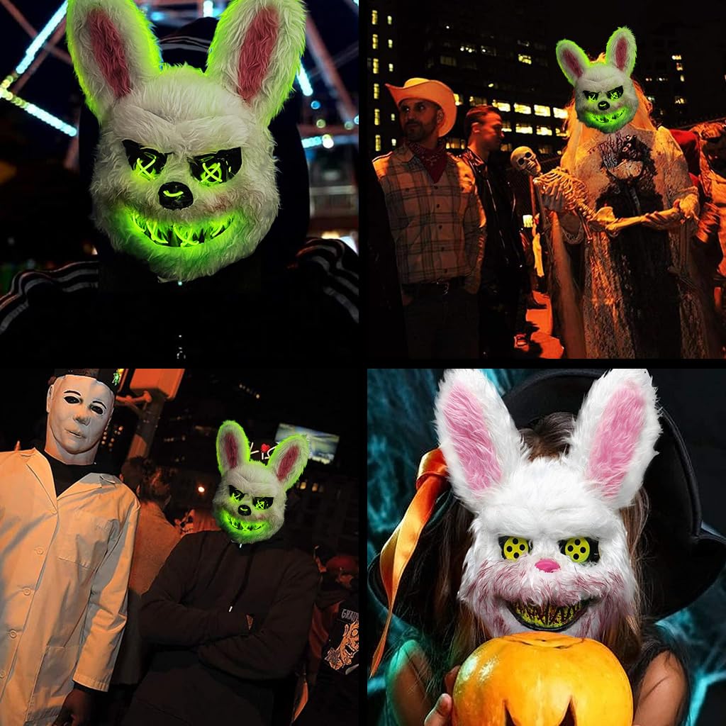 PATPAT® Halloween Led Mask Scary Rabbit Mask, Light Up Halloween Creepy Bunny Mask, Luminous Scream Mask Plush Cosplay Mask Prank Horror Mask for Kids Adult, Furry Cool Led Mask Costumes Accessories