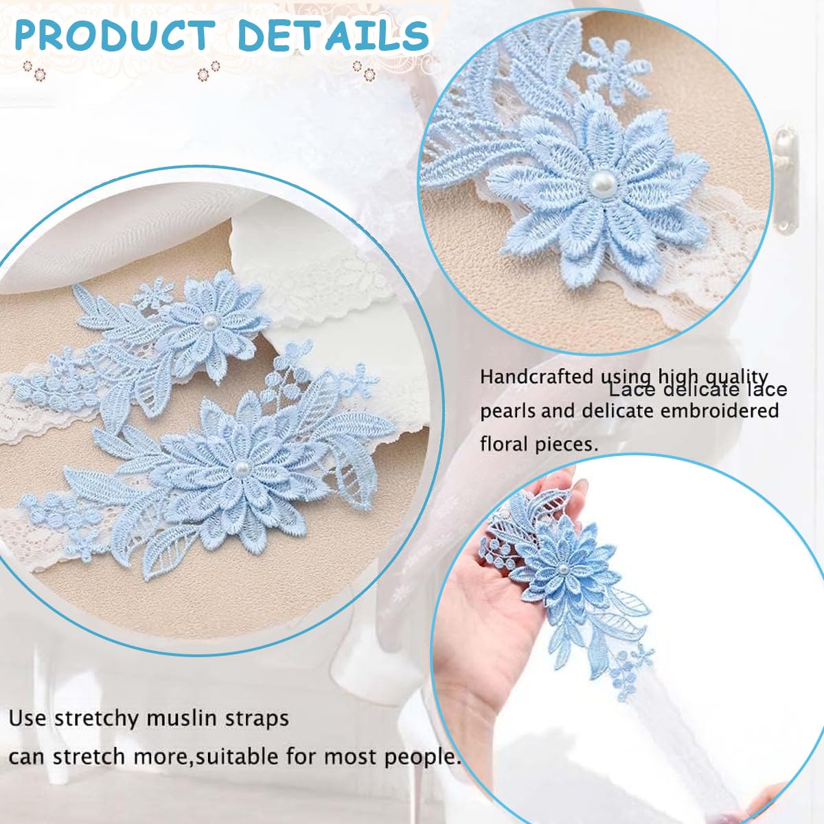 PALAY Lace Wedding Garter Set for Bride with Daisy Floral Applique and Pearl Center | 2pcs Adjustable 40–60cm Stretch Lace