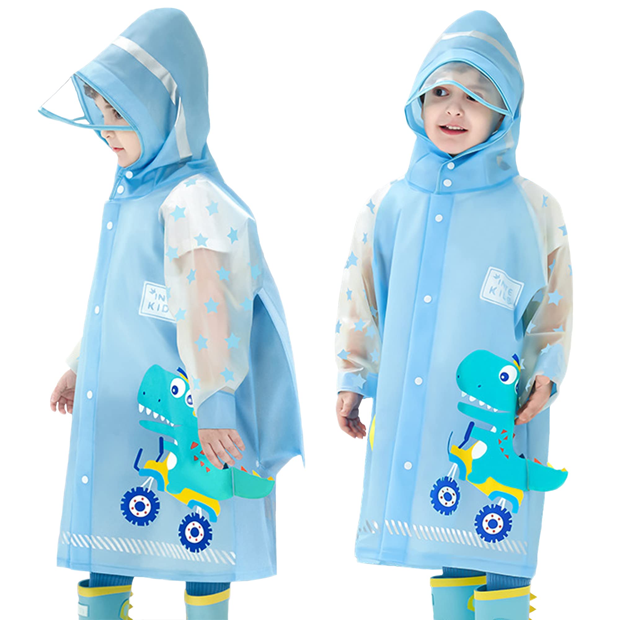 SNOWIE SOFT® Hooded Raincoat for Kids Wide Brim Hooded Raincoat EVA Student Kids Raincoat with School Bag Rain Cover Cartoon Dinosaur Raincoat for Kids 4-5 Years Old, Recommended Height  105-115 cm