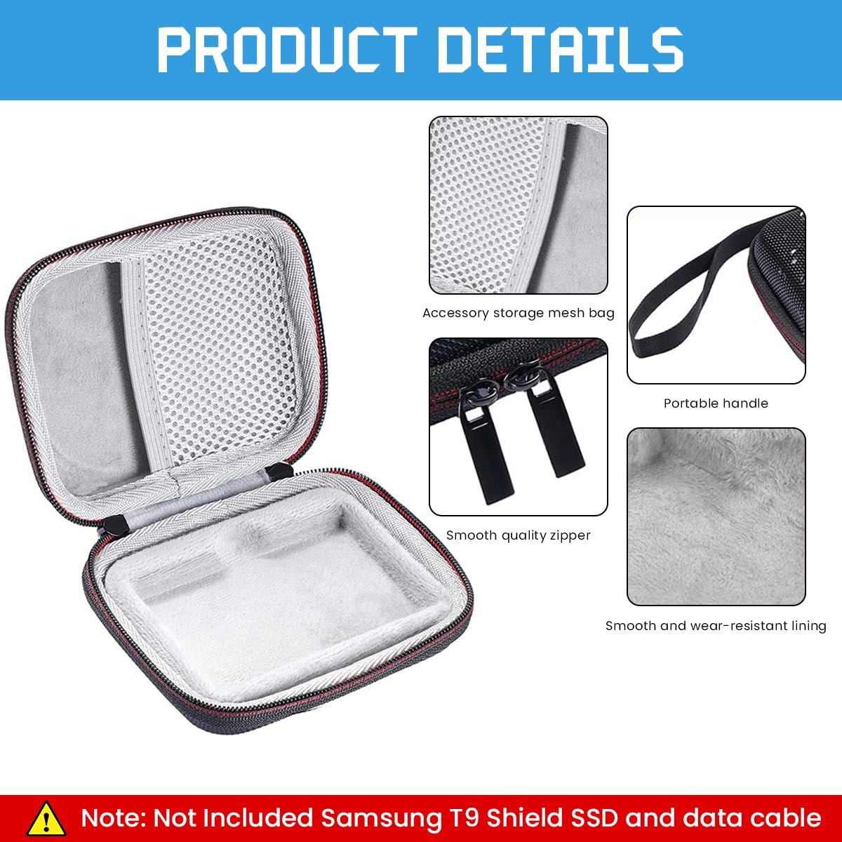 Zeitel Hard Carrying Case for Samsung T9 SSD featuring Dual Metal Zippers and Soft EVA Lining | 14×10×3.5 cm Travel Storage Bag Black