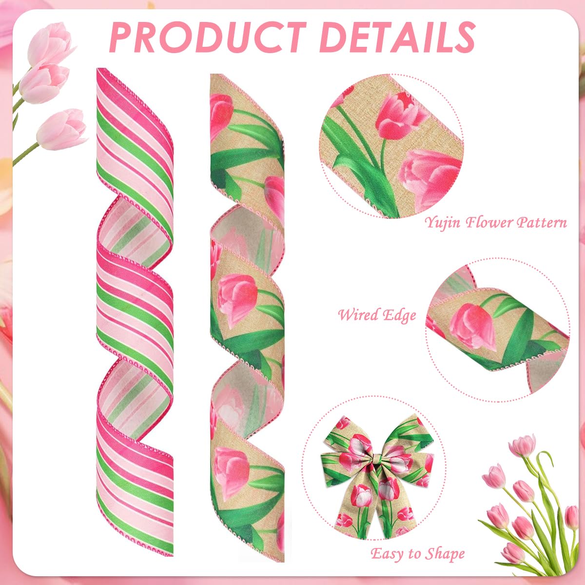 PATPAT Satin Ribbon Rolls for Gift Wrapping with Tulip Floral Print 6.3 cm x 5 ft | Polyester Fabric for DIY Crafts
