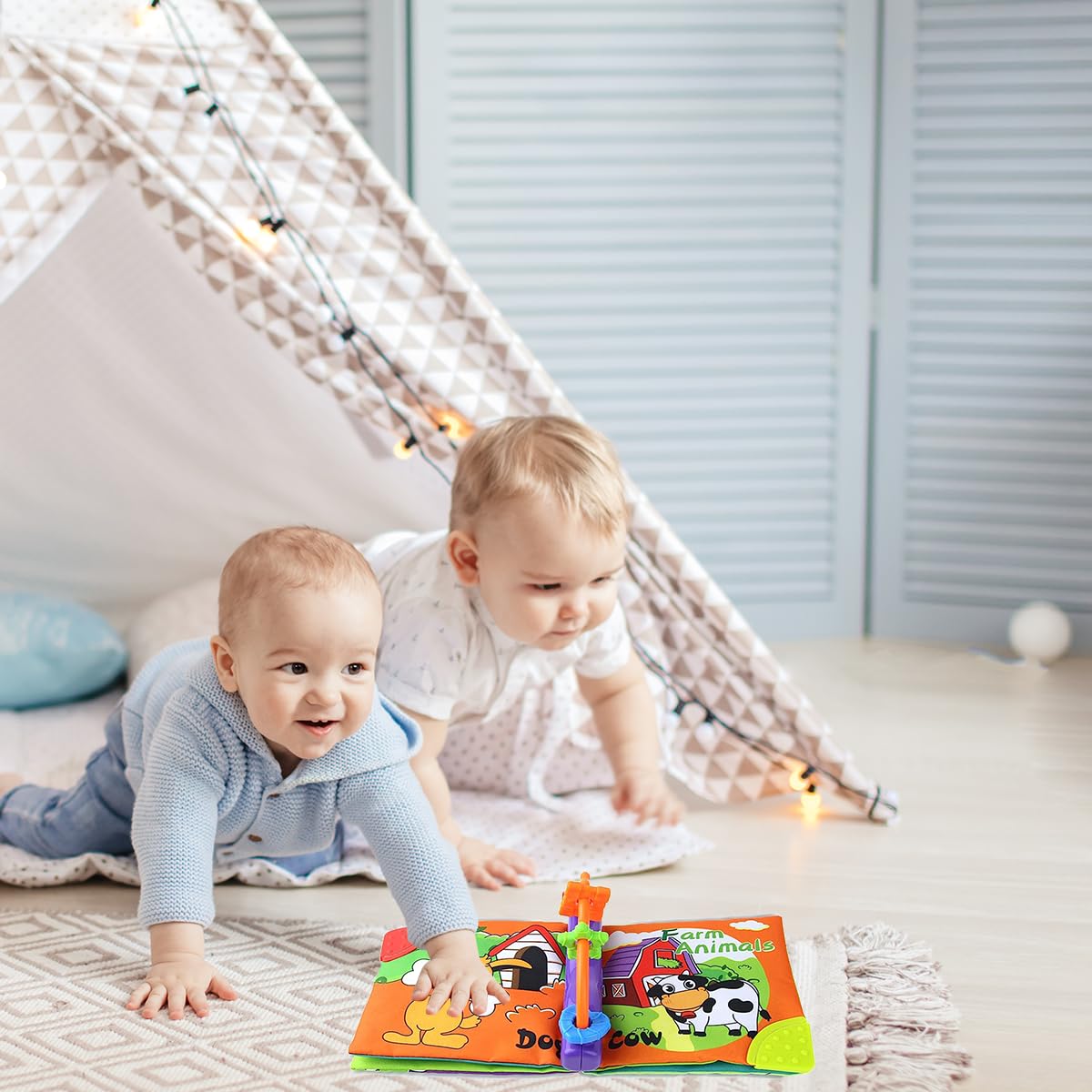 PATPAT Cloth Book for Babies with Teether and Rattle Ring featuring 8 Cartoon Animal Pages | Soft Washable Sensory Toy for 3–12 Month Infants