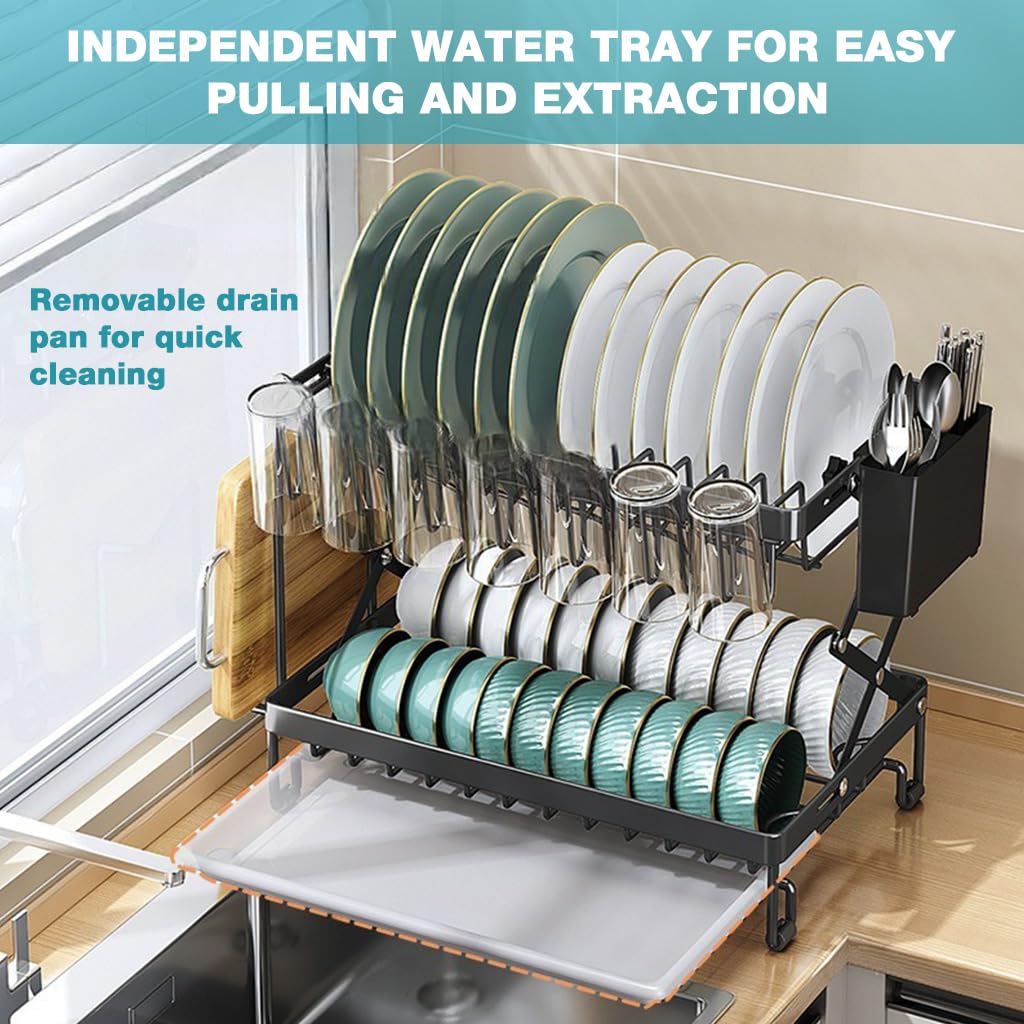 HASTHIP Kitchen Dish Rack with Double Layer Drain System and Utensil Storage | 40x28x31.5cm Carbon Steel