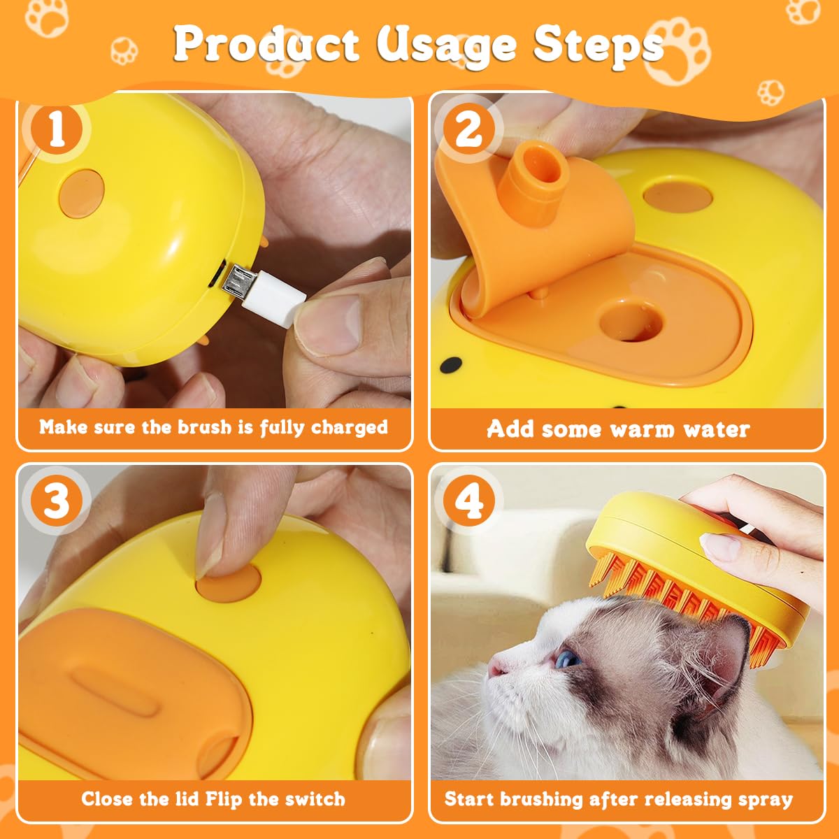 Qpets Cat Steam Brush for Pet Grooming with USB Rechargeable Design and Soft Bristles | Yellow