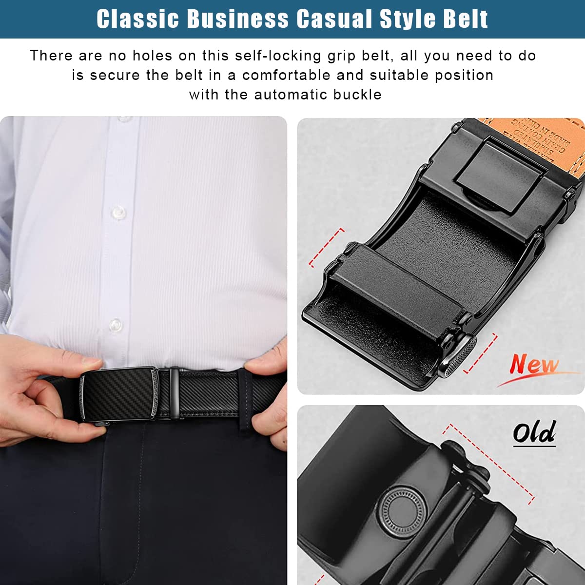 GUSTAVE® Belts for Men Black Slim Leather Belt for Men Fashion Texture Slide Waist Belt Automatic Buckle Belt for Formal or Casual - 130cm Length, Free Adjustable, No Belt Hole