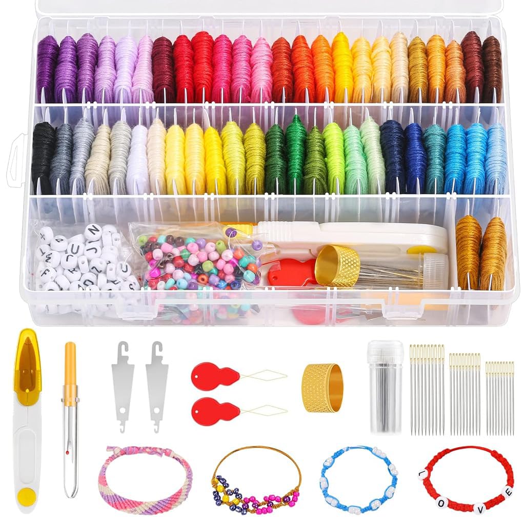 Venzina® 488Pcs String Bracelet Making Kit, Friendship Bracelet String Kits with 50 Skeins Embroidery Floss Cross Stitch Thread, 400 Beads, 37 Embroidery Tools and Storage Box