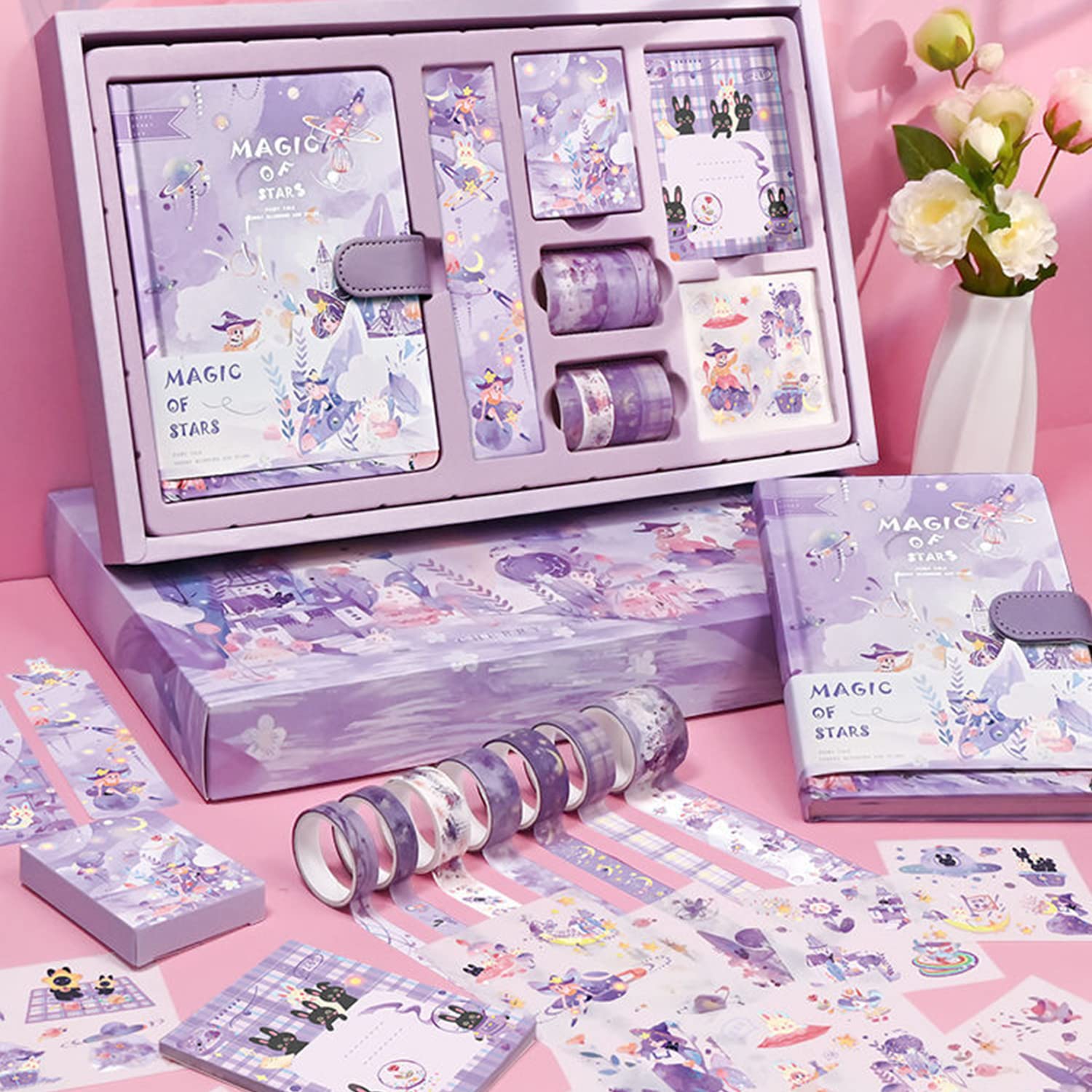 HASTHIP Cartoon Scrapbook Kit for DIY Journals with A6 Notebook 5 Washi Tapes & 25 Stickers | Cute Gift Set