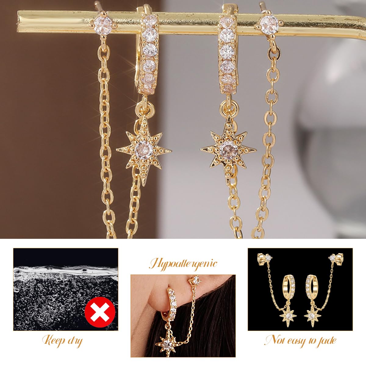 SANNIDHI Earrings for Women featuring 8-Pointed Star Pendants and Dangle Chain Design | Gold Plated Copper Stud Hoop Style