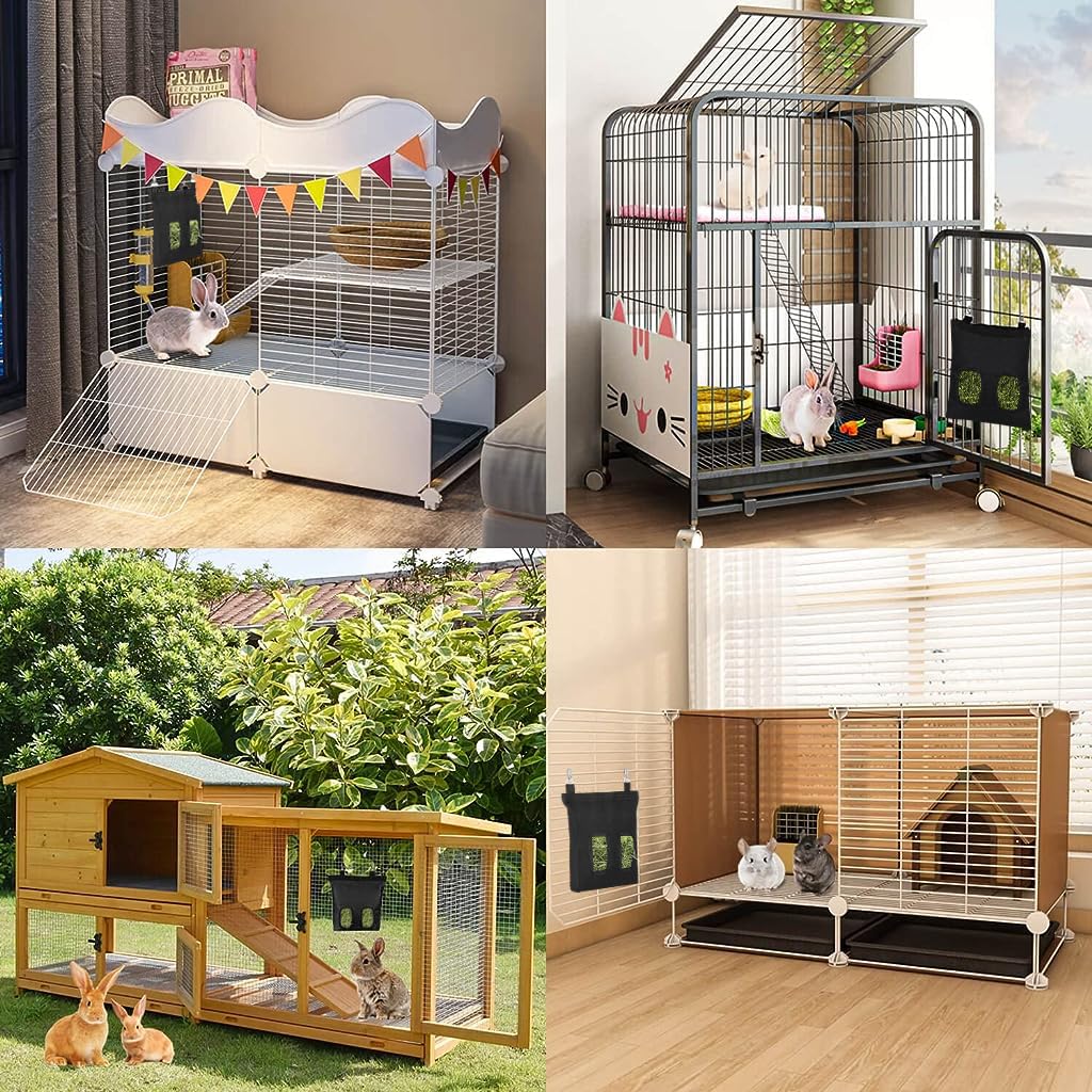 Qpets Rabbit Hay Feeder Bag for Small Pets 25×30cm with Dual Hooks and 2 Feeding Holes