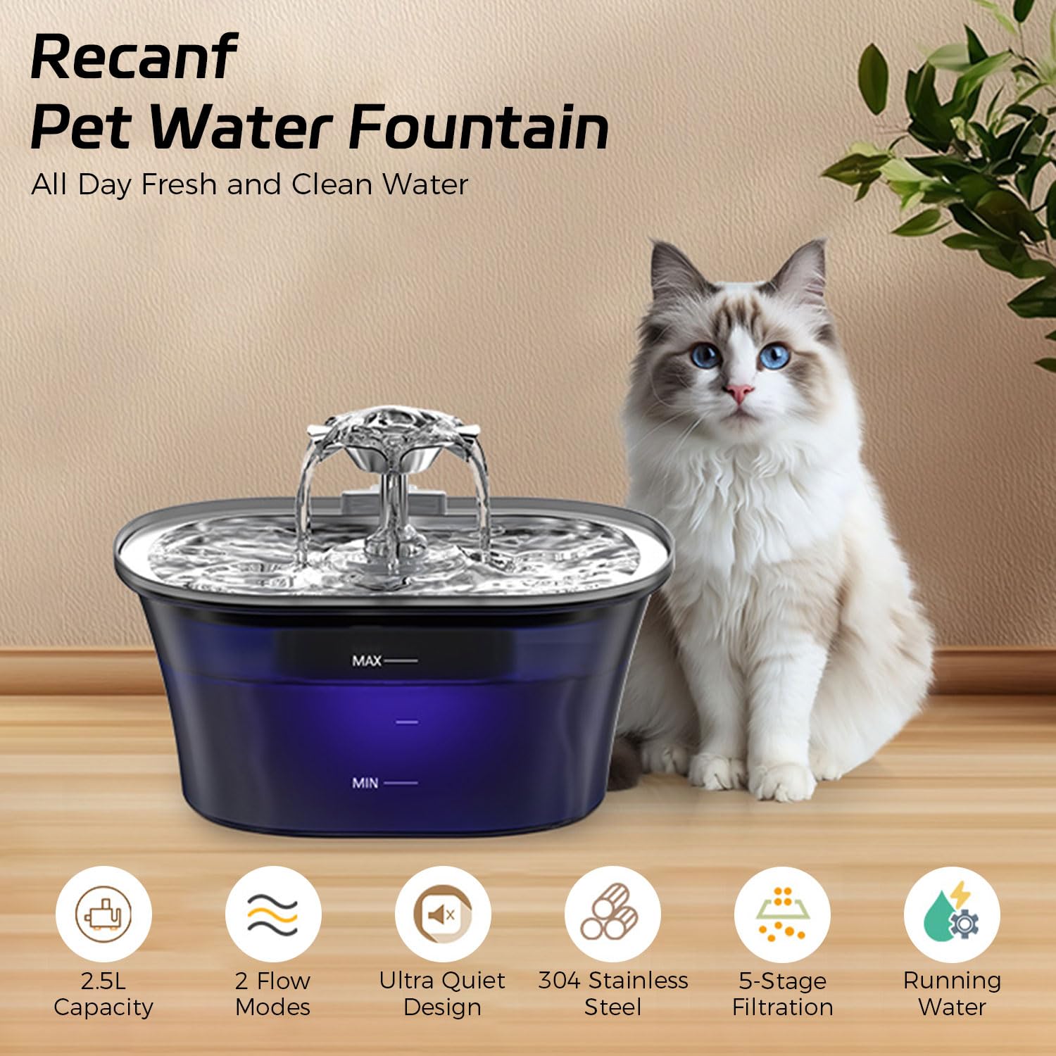 Qpets Cat Water Fountain with 2L Capacity and 5 Layer UV Filtration | 120 Day Battery