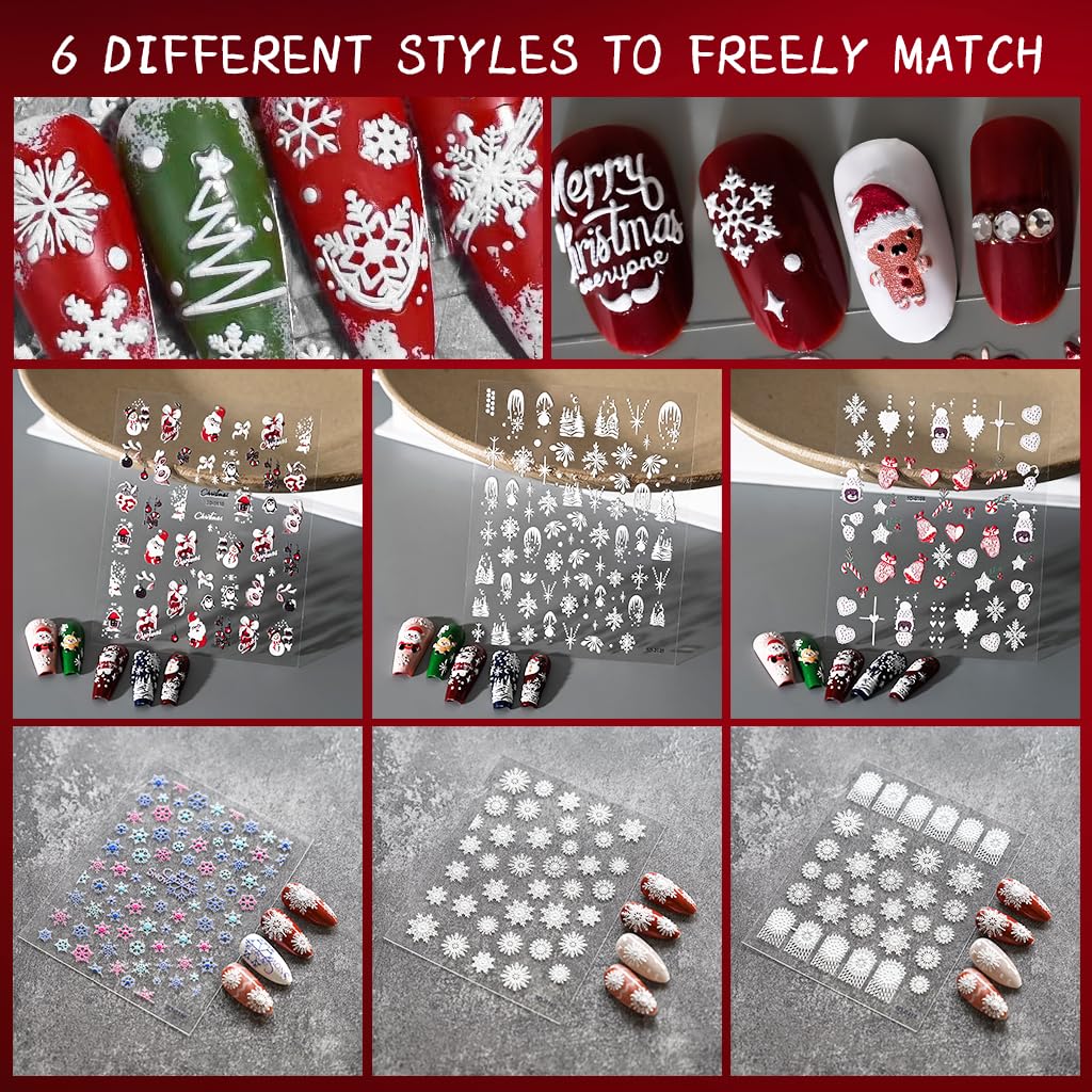 MAYCREATE Christmas Nail Stickers for DIY Nail Art with 3D Embossed Designs 6 Sheets | Self Adhesive Set for Women