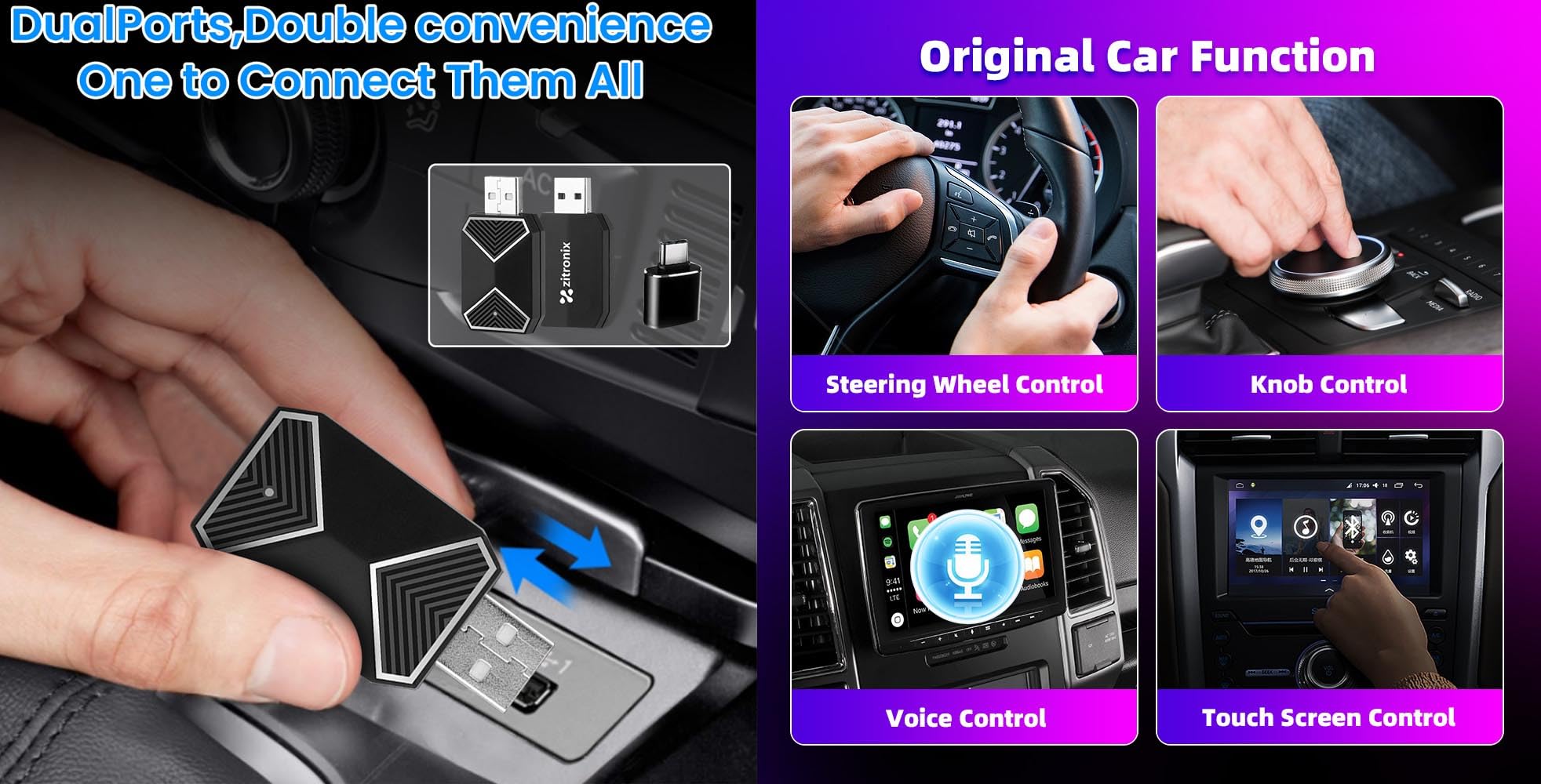 Zitronix Wireless CarPlay Adapter for Android Auto with Bluetooth 5.2 and Plug and Go Setup