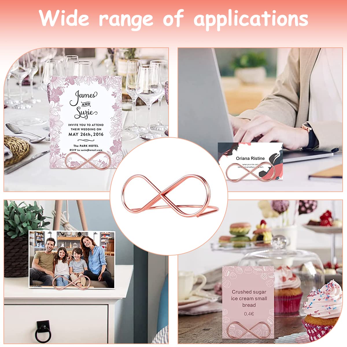 HASTHIP Name Plate Holder for Weddings and Dinners featuring Low Center Base Design | 12Pcs Rose Gold Stainless Steel Set