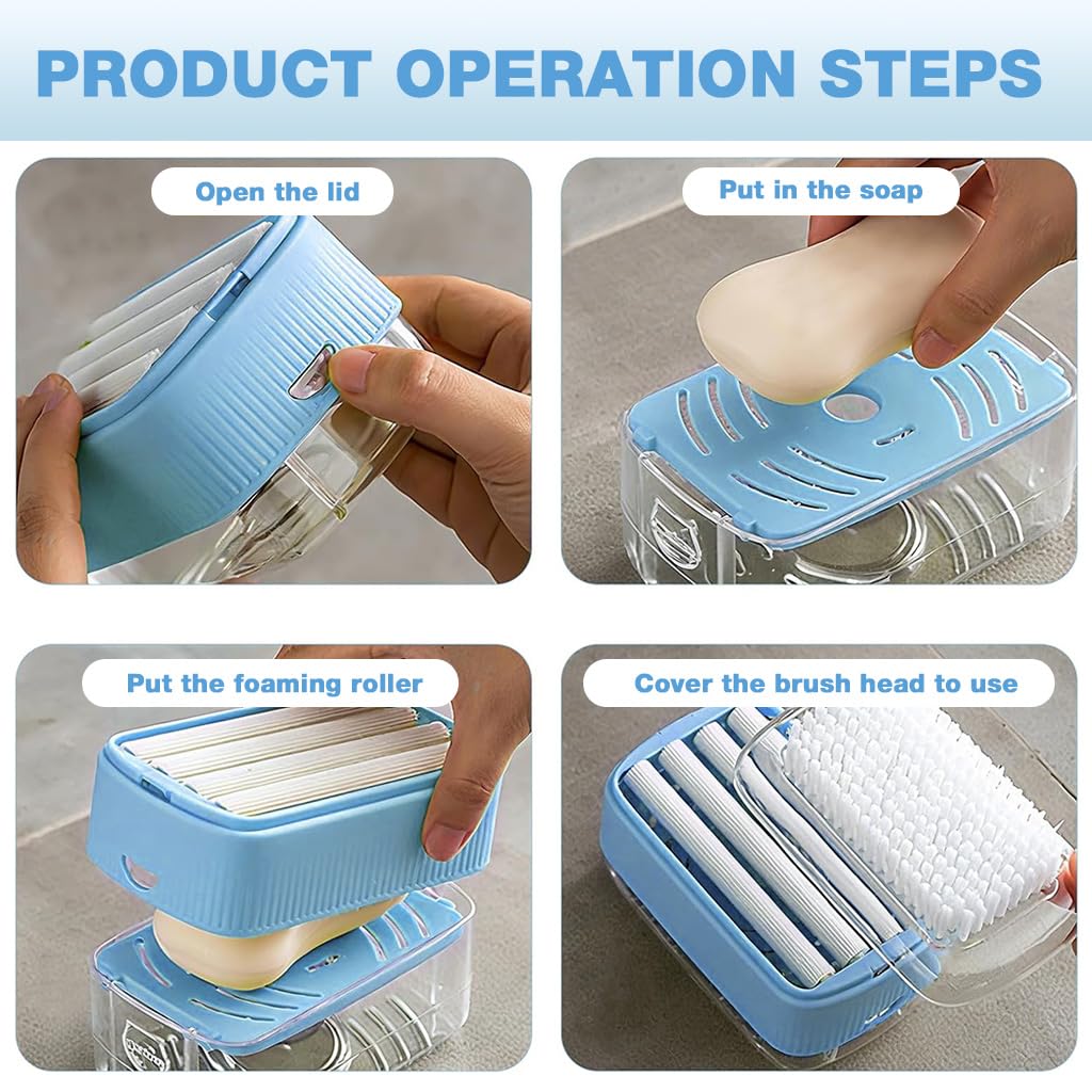 HASTHIP Soap Storage Box with Built In Foaming Roller and Brush for Easy Cleaning | Soap Saver Drainage Case with Lid