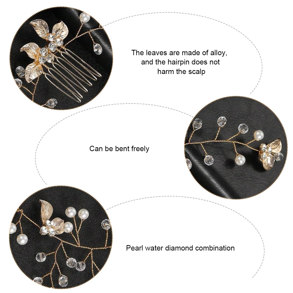 SANNIDHI Bridal Hair Accessories for Wedding with Golden Leaf Pearl Design | Secure Side Combs