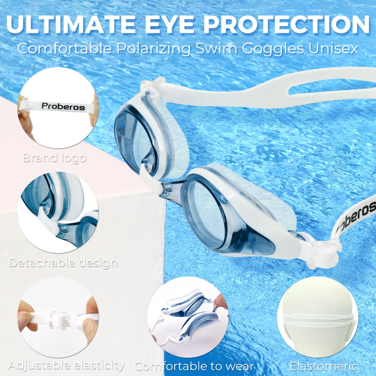 Proberos Swim Goggles with Anti-Fog Polarizing Lenses and UV Protection | 2 Pcs Leakproof Silicone Seal for Men and Women