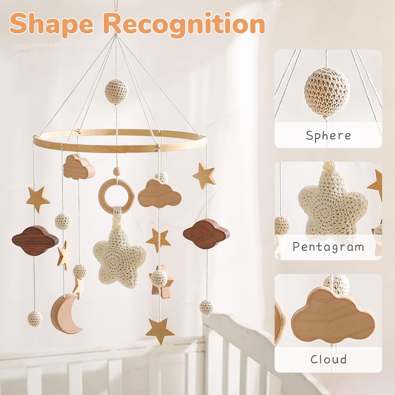 SNOWIE SOFT Baby Crib Hanging Toy with Wooden Charms for Nursery Decor and Soothing Calm