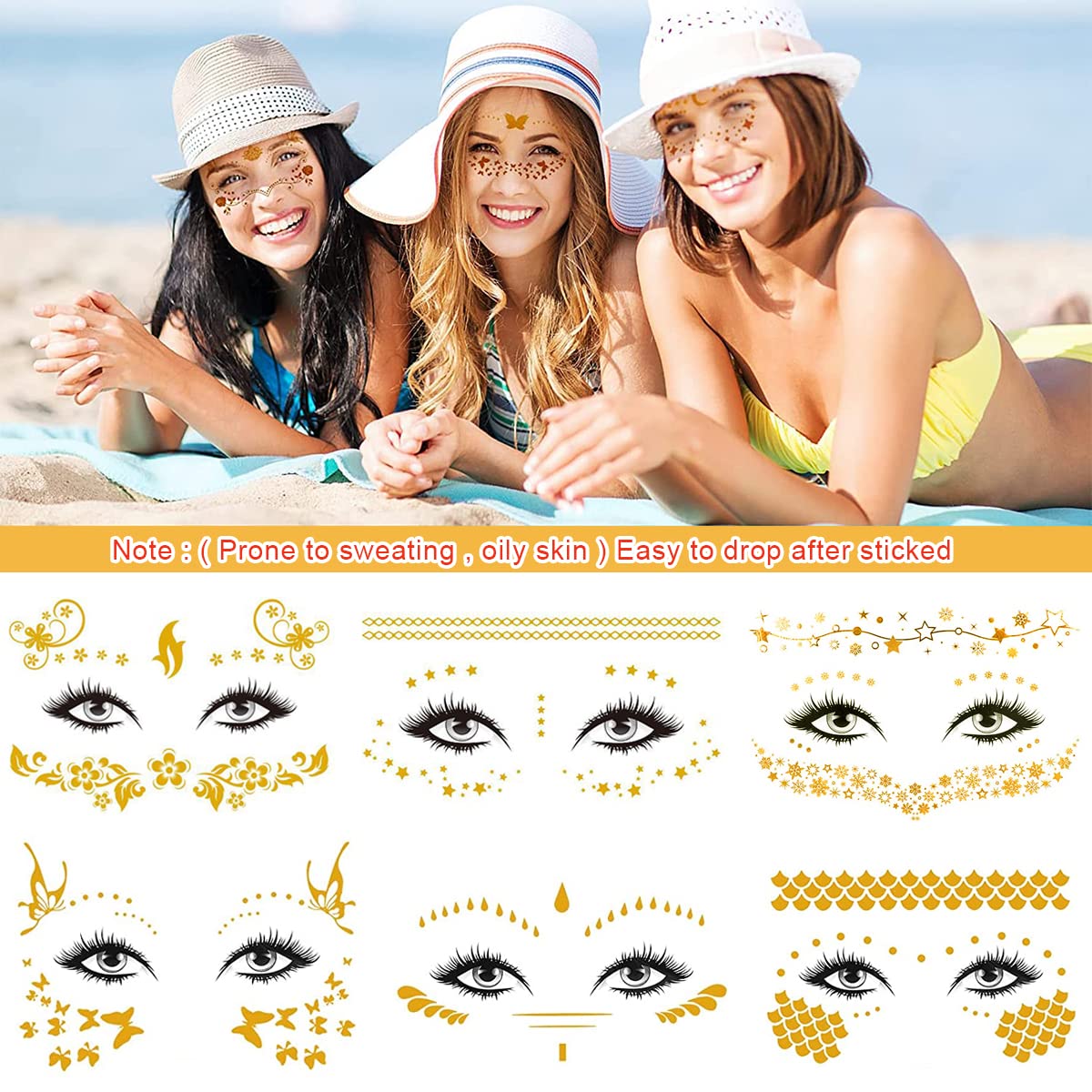 MAYCREATE Flower Face Temporary Tattoo Stickers for Women Girls, 3 Sheets Floral Face Eye Makeup Stickers Waterproof Art Fake Tattoos for Party Halloween Prom Photography