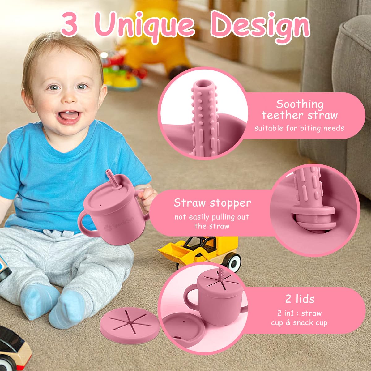 SNOWIE SOFT Silicone Sippy Cup for 6–12 Months with Teether Straw and Draining Lid | Pink