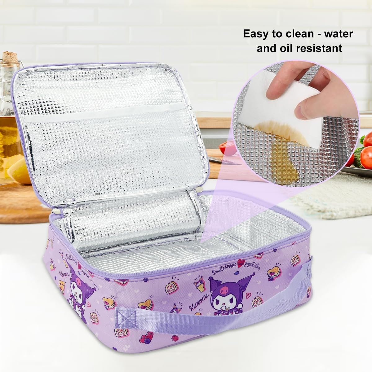 HASTHIP Cotton Kuromi Insulated Bento Box Lunch Bag 11.4x8.3x3.9 in with Dual Handles for Work and School | Waterproof Purple Bag for Kids and Adults