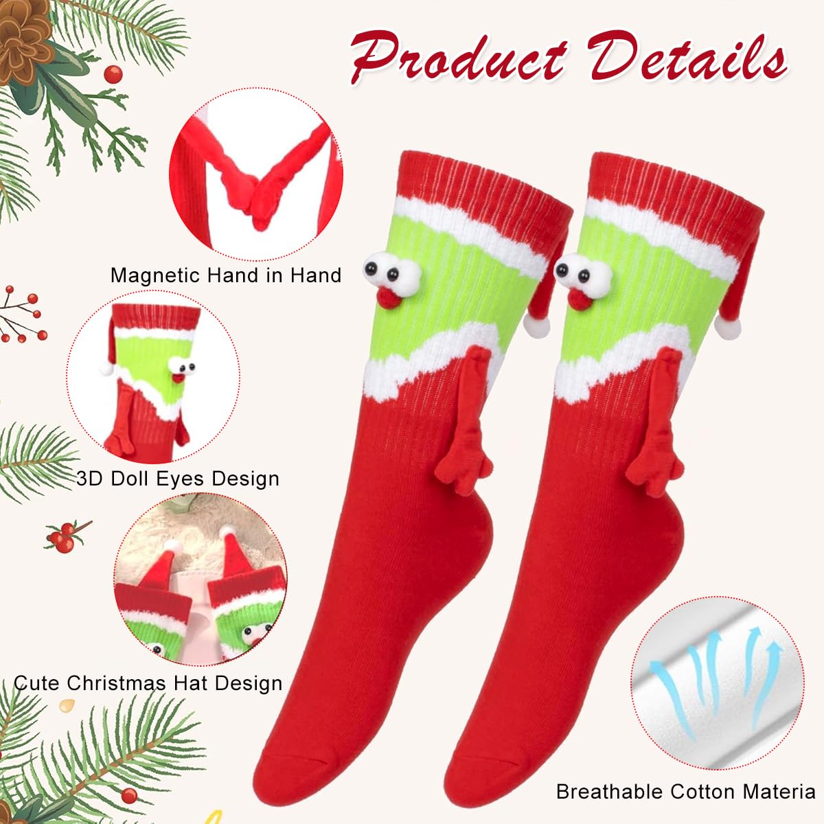 Venzina Christmas Socks for Women featuring Magnetic Hands Design & Soft Cotton Comfort | 1 Pair
